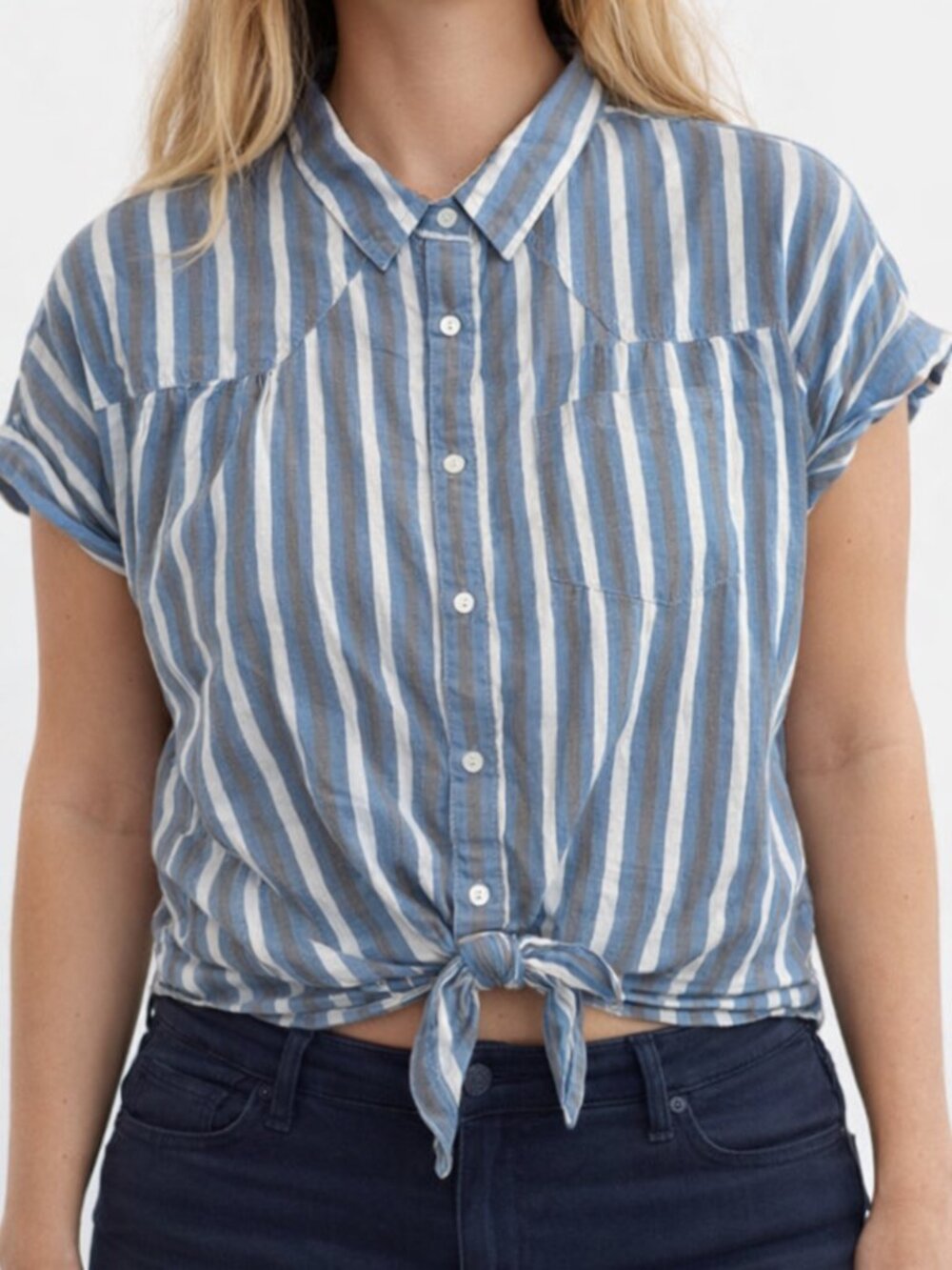 Forever 21 Button Front Shirt Womens Large Blue Stripe Boxy Tie Beach Coastal